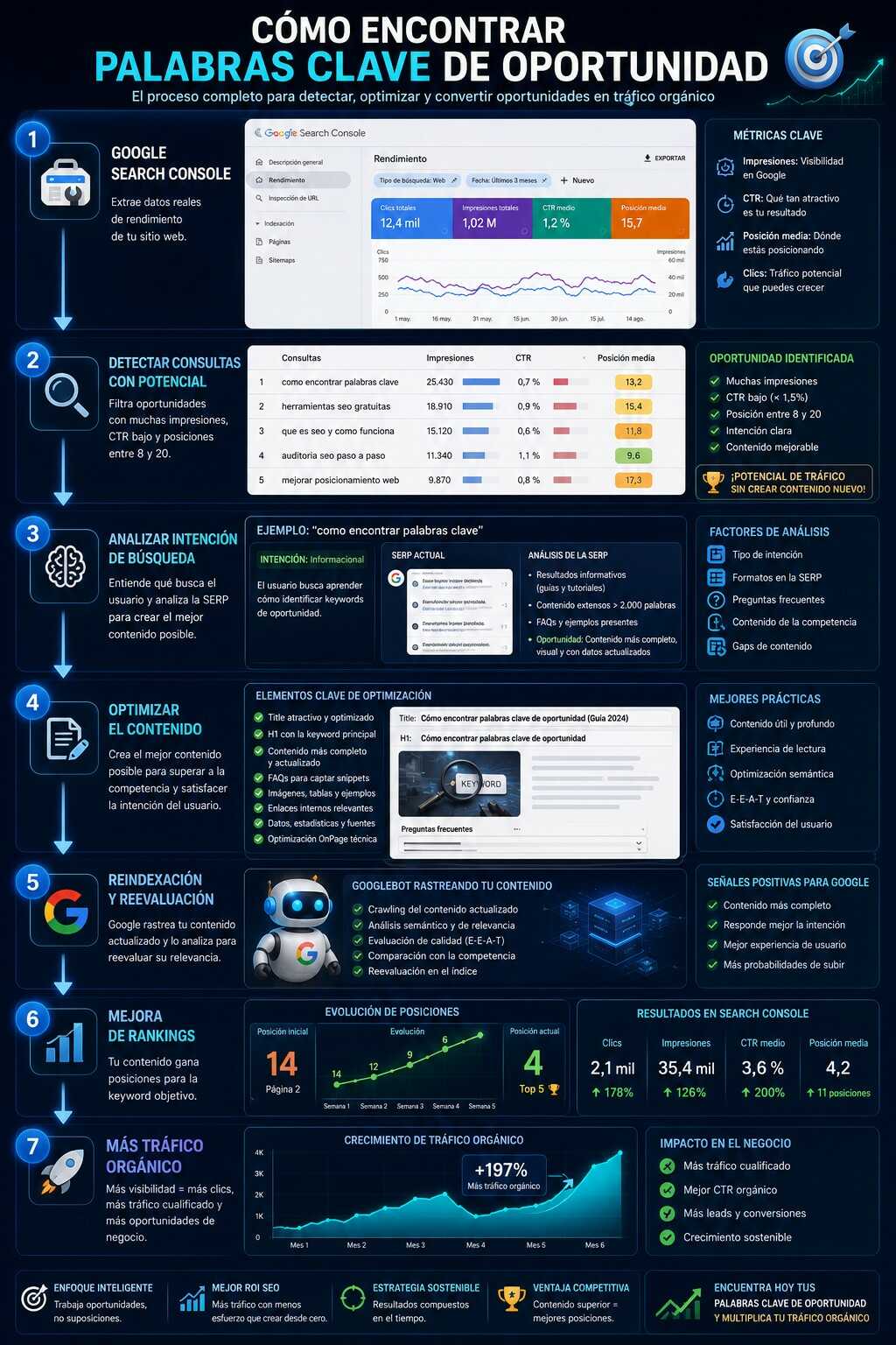 Infografía SEO sobre cómo encontrar palabras clave de oportunidad usando Google Search Console, análisis de intención de búsqueda, optimización de contenido y mejora de rankings para aumentar el tráfico orgánico.