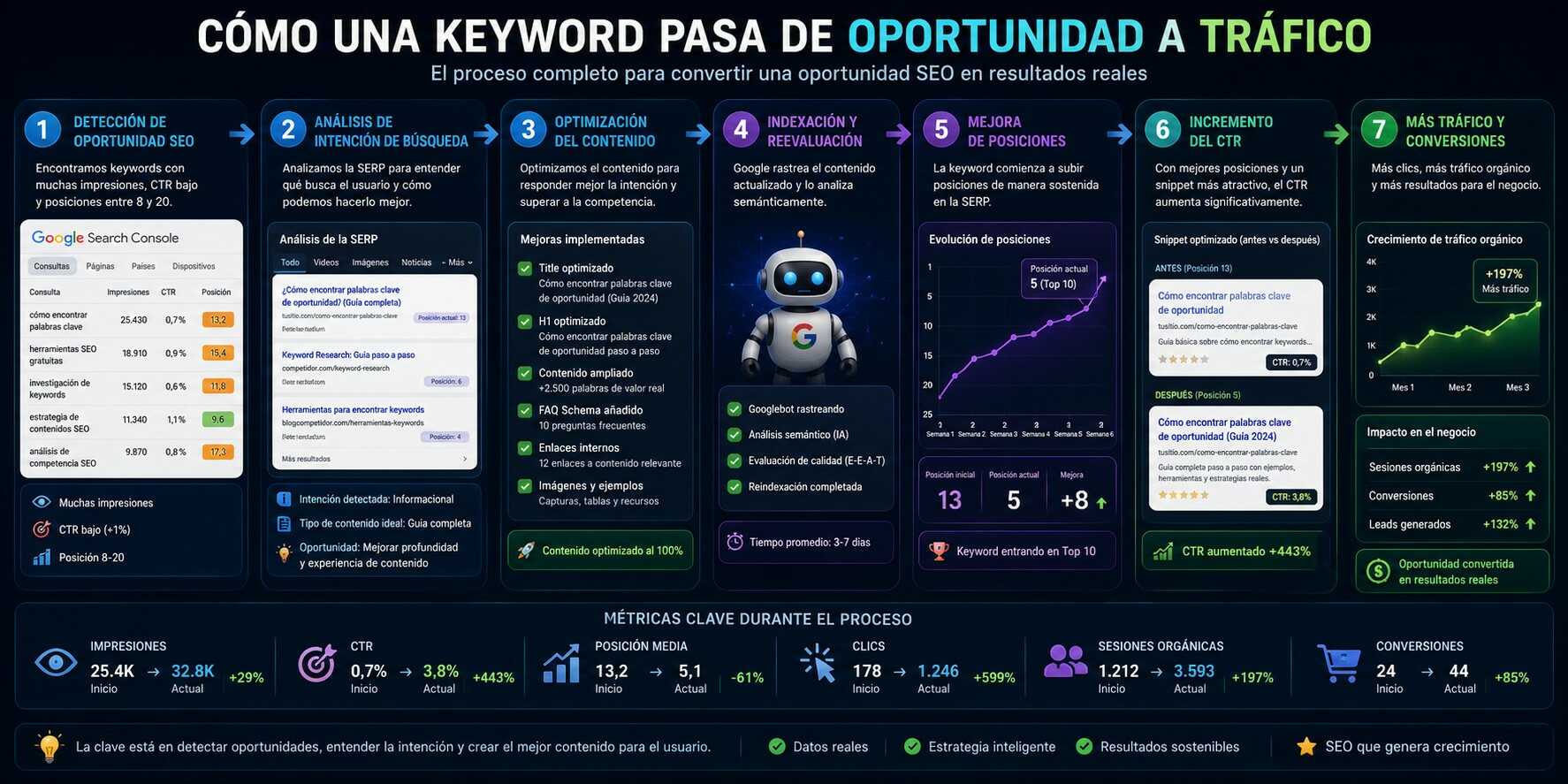 Timeline visual SEO que muestra cómo una keyword pasa de ser una oportunidad detectada en Search Console a generar tráfico orgánico, mejores posiciones, aumento del CTR y más conversiones.