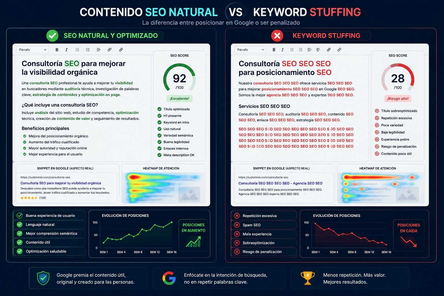 Comparativa visual entre contenido SEO natural y keyword stuffing mostrando diferencias en uso de palabras clave, experiencia de usuario, estructura SEO, legibilidad y riesgo de penalización en Google.