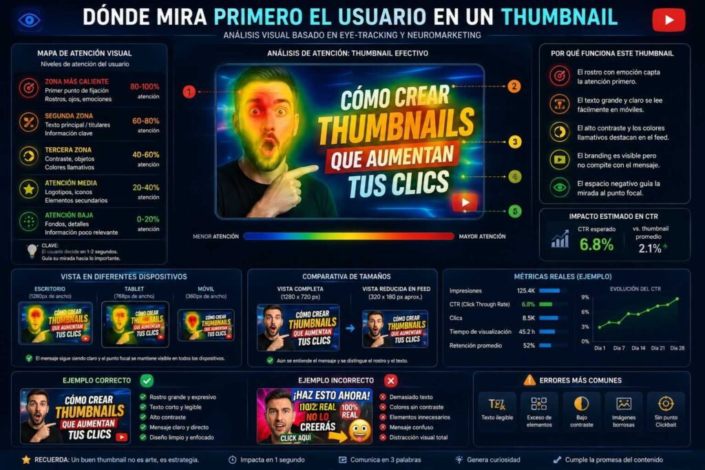 Infografía de eye tracking y heatmap visual que muestra dónde fija primero la atención el usuario en un thumbnail de YouTube, destacando rostro, texto principal, contraste visual y elementos que ayudan a aumentar el CTR y la interacción.