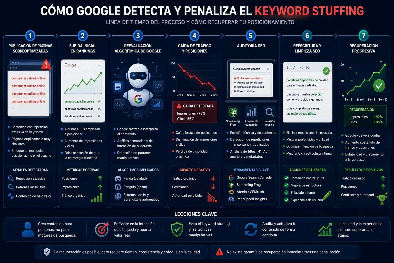 Infografía timeline sobre cómo Google detecta y penaliza el keyword stuffing mostrando fases como sobreoptimización, subida inicial en rankings, reevaluación algorítmica, caída de tráfico, auditoría SEO, reescritura del contenido y recuperación progresiva del posicionamiento.