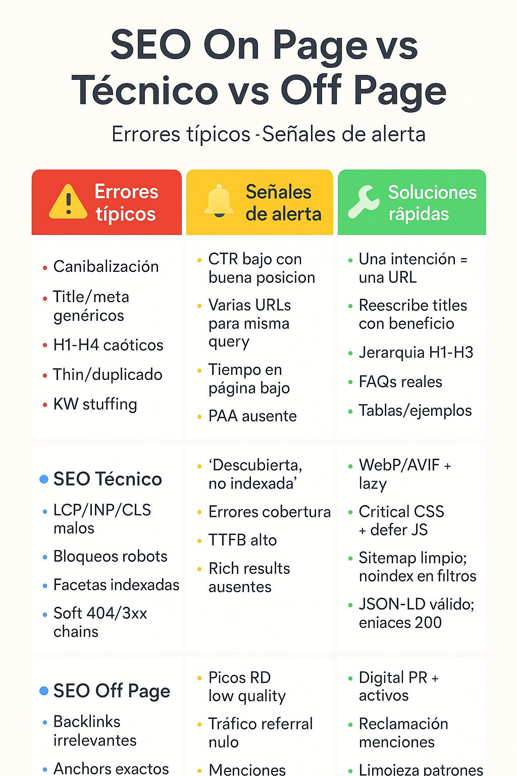 Infografía comparativa de errores SEO On Page, Técnico y Off Page con soluciones breves.