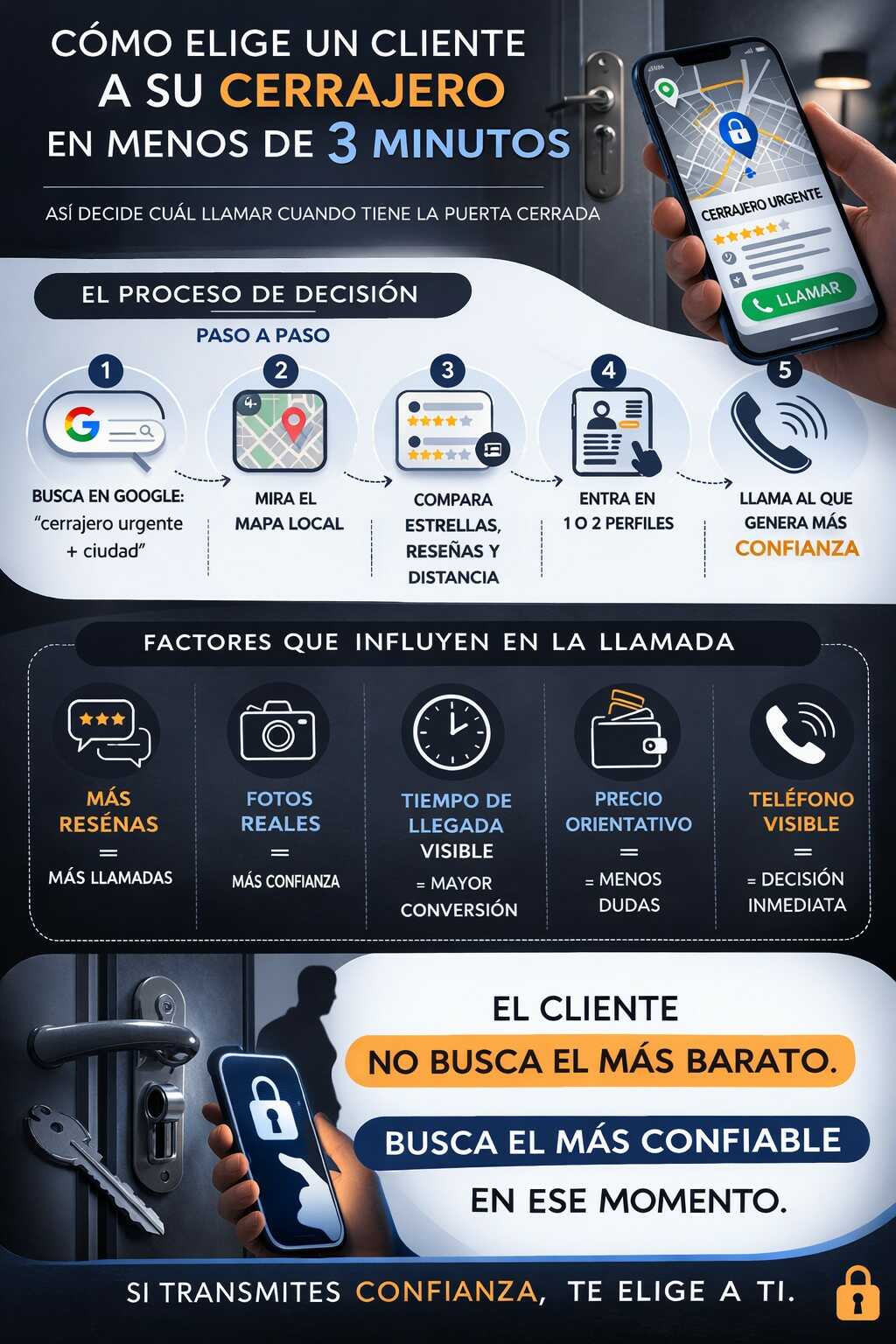 Infografía sobre cómo elige un cliente a su cerrajero en menos de 3 minutos