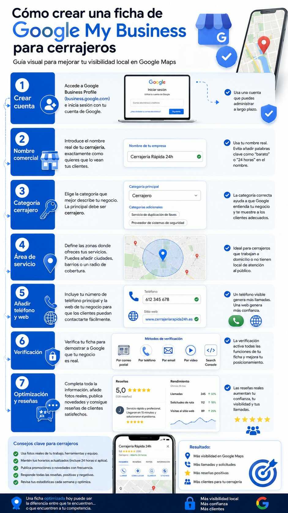 Infografía sobre cómo crear y optimizar una ficha de Google My Business para cerrajeros paso a paso, incluyendo verificación, SEO local, Google Maps y gestión de reseñas.