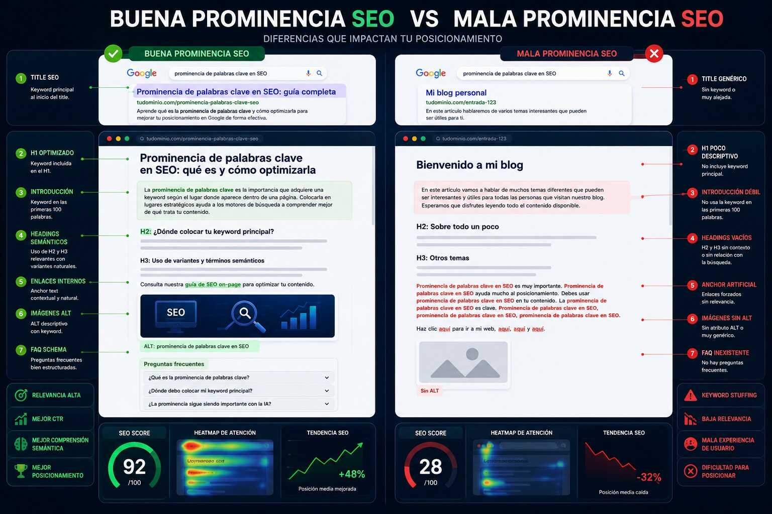 Comparativa visual entre buena y mala prominencia SEO mostrando diferencias en title SEO, H1, introducción, headings, enlaces internos y uso de keywords para mejorar el posicionamiento en Google.