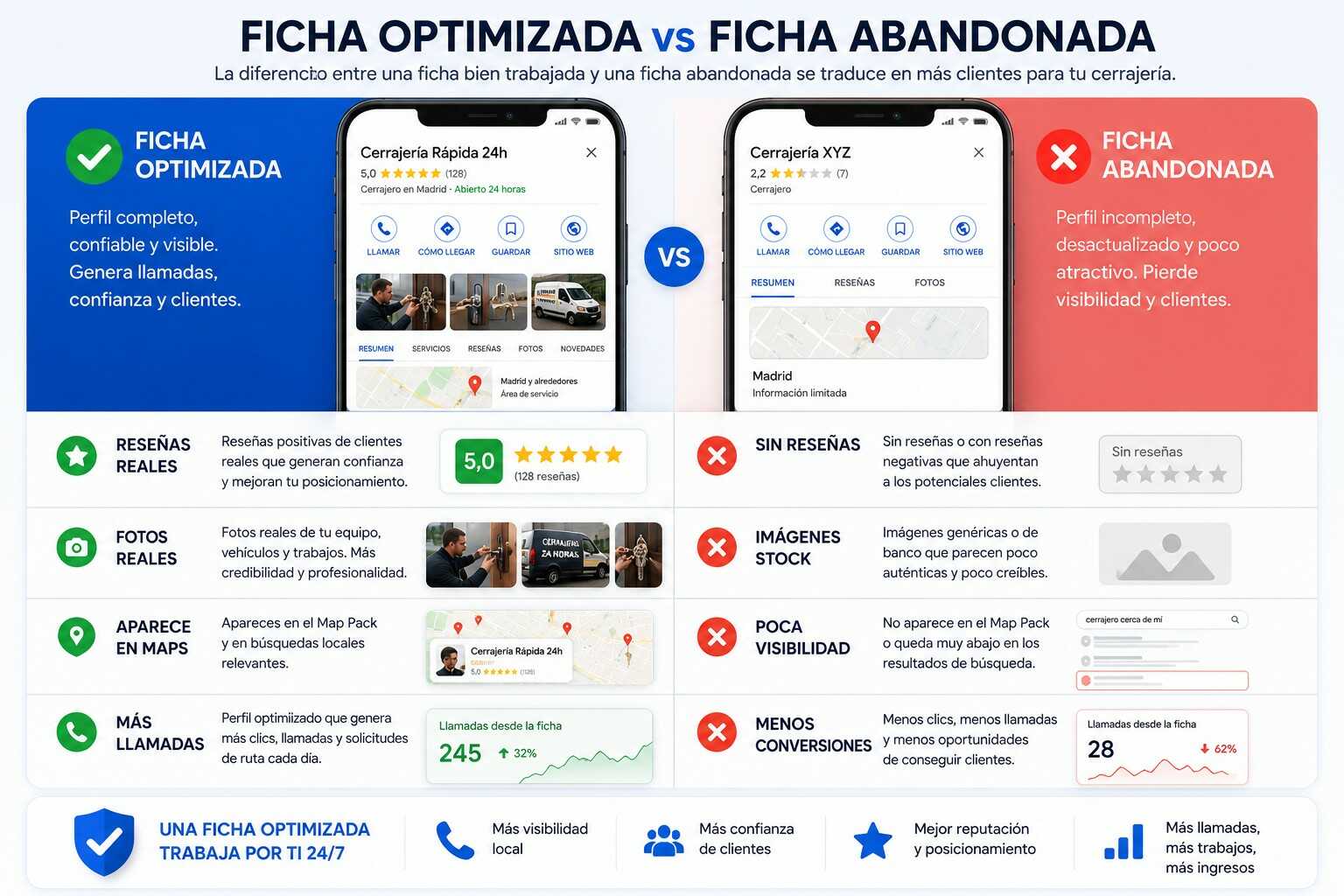 Comparativa visual entre una ficha optimizada y una ficha abandonada de Google My Business para cerrajeros, mostrando diferencias en reseñas, visibilidad en Google Maps, fotos reales y generación de llamadas.