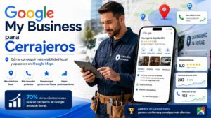 Imagen destacada sobre Google My Business para cerrajeros mostrando SEO local, Google Maps, reseñas y optimización de fichas para aumentar la visibilidad local.