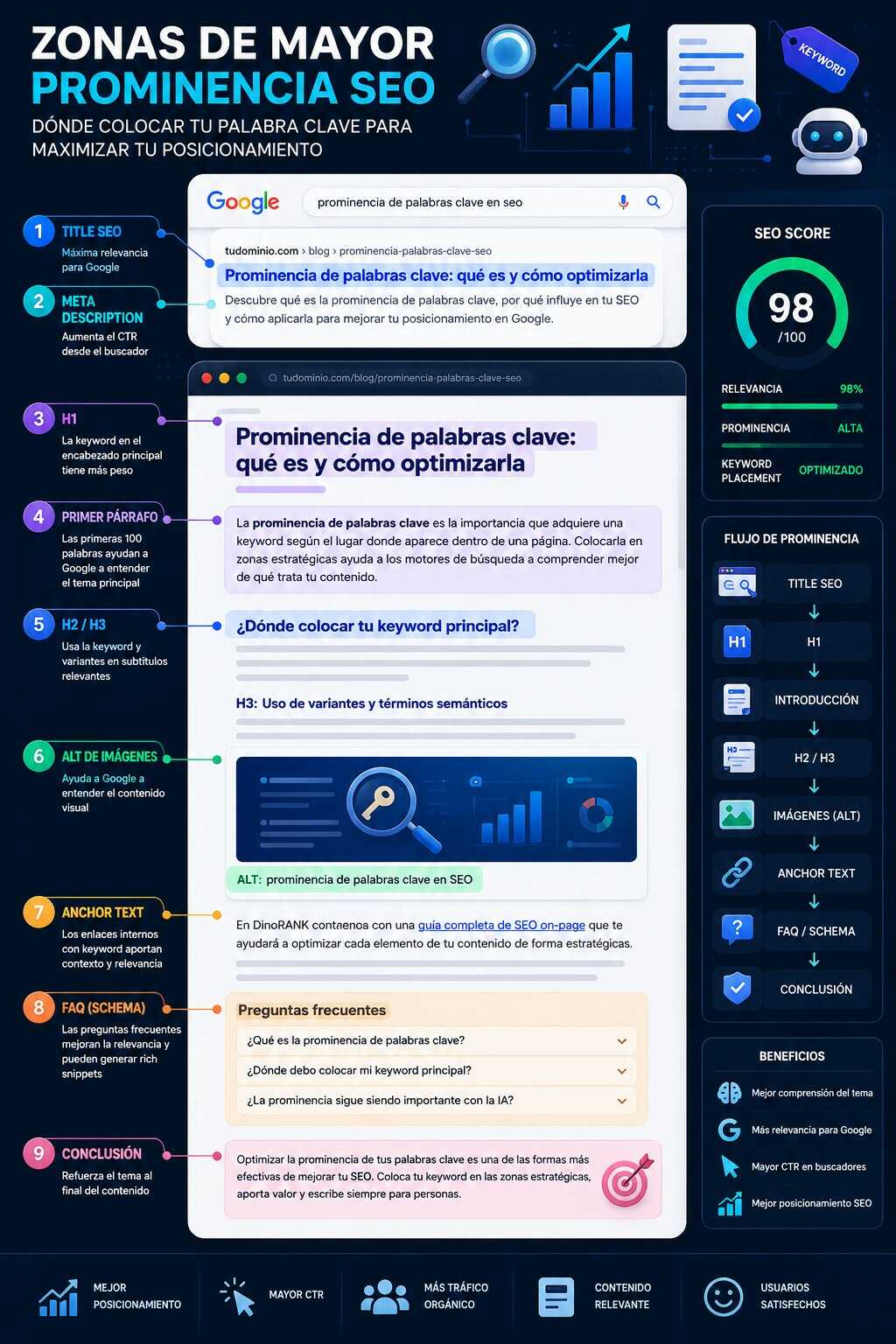 Infografía sobre prominencia de palabras clave en SEO mostrando las zonas más importantes donde colocar keywords: title SEO, H1, introducción, H2, ALT de imágenes, anchor text y FAQ schema para mejorar el posicionamiento en Google.