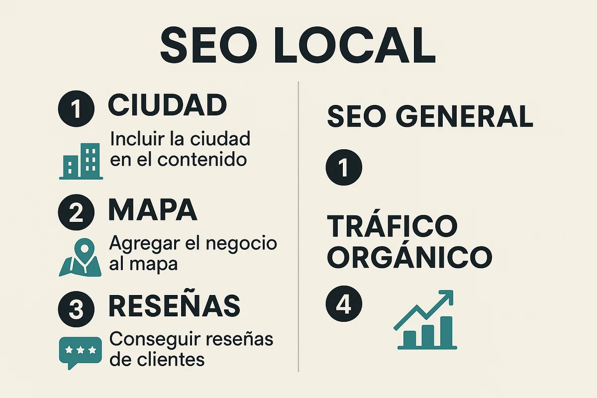 simple con dos columnas: SEO local = ciudad, mapa, reseñas, llamadas SEO general = país, contenidos, autoridad, tráfico orgán