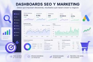 Dashboard SEO y marketing digital con métricas de tráfico orgánico, Google Ads, ventas, conversiones, ingresos y análisis de rendimiento en tiempo real.