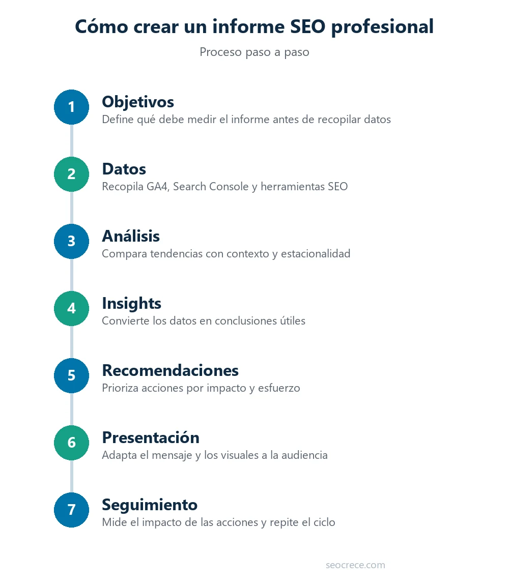 Timeline del proceso para crear un informe SEO profesional paso a paso: objetivos, datos, análisis, insights, recomendaciones, presentación y seguimiento