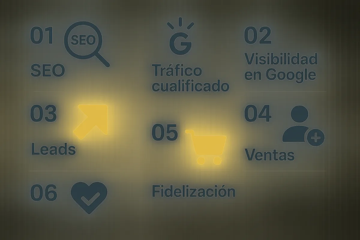 simple tipo embudo: SEO → Visibilidad en Google → Tráfico cualificado → Leads → Ventas → Fidelización