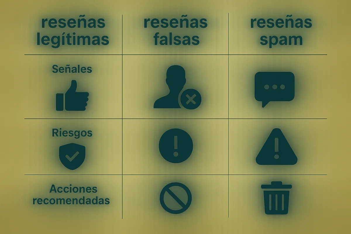 tres columnas: reseñas legítimas, reseñas falsas y reseñas spam, mostrando señales, riesgos y acciones recomendadas