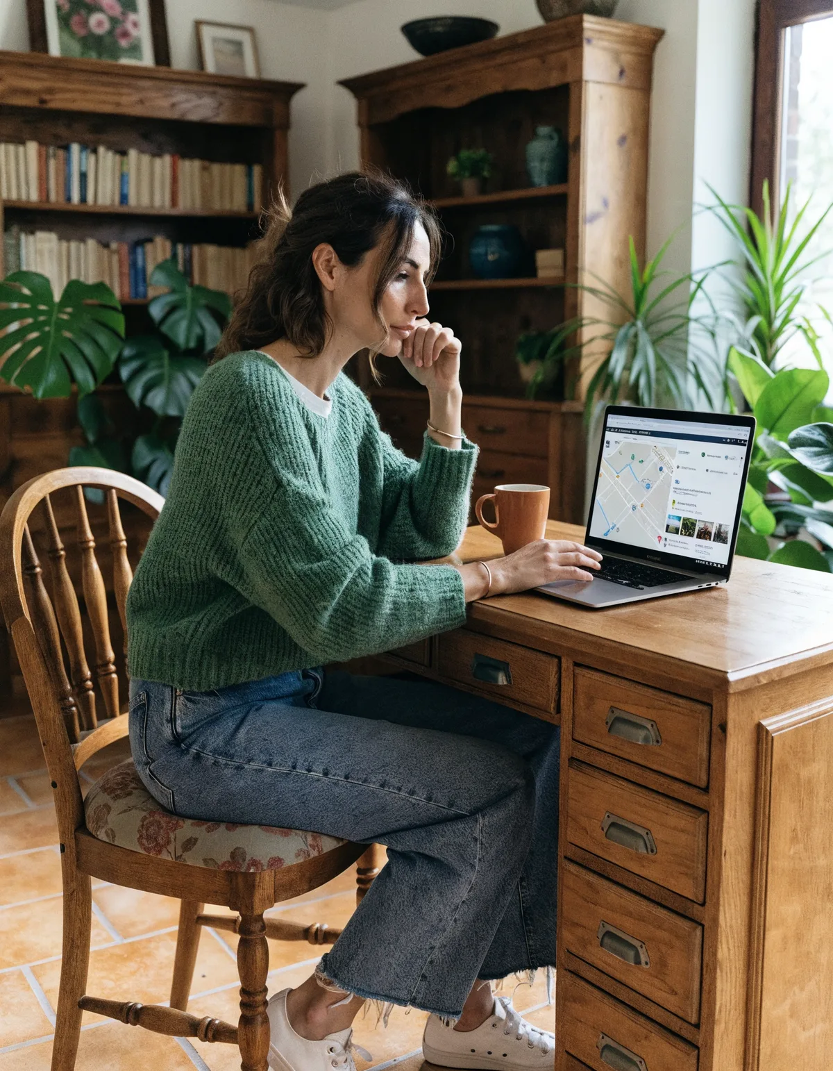 Captura conceptual de un perfil optimizado en Google Maps con etiquetas: categoría, reseñas, fotos, horarios, servicios, llam