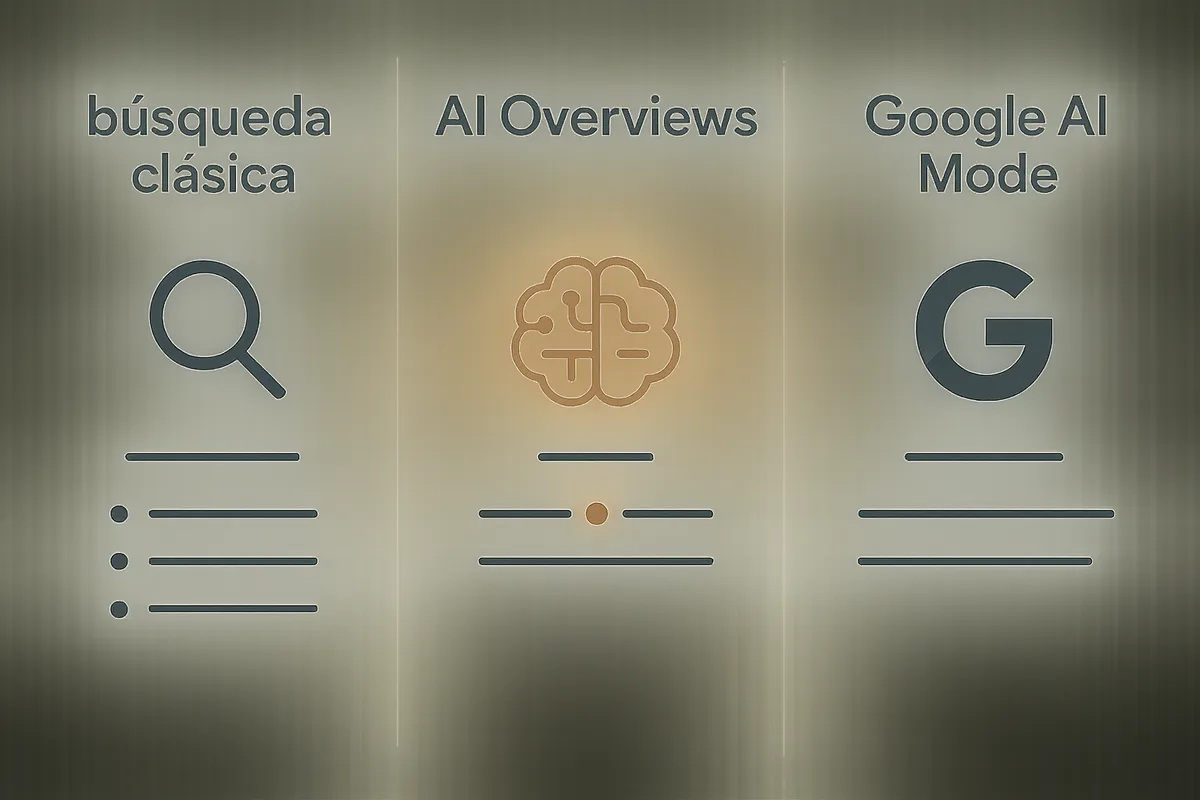 comparativa con tres columnas: búsqueda clásica , AI Overviews y Google AI Mode , mostrando diferencias en formato, interacci