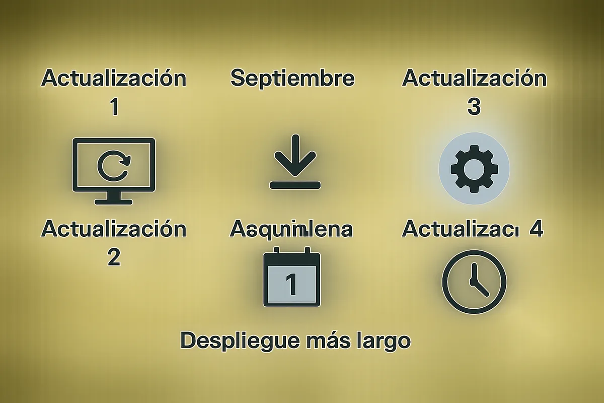 tipo timeline con las cuatro actualizaciones antispam de 2026, marcando la de septiembre como la más larga en despliegue