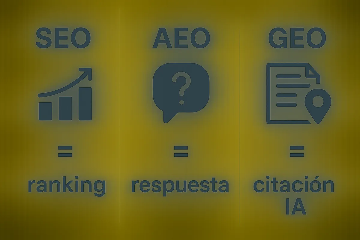 comparativo de tres columnas: SEO = ranking , AEO = respuesta , GEO = citación IA