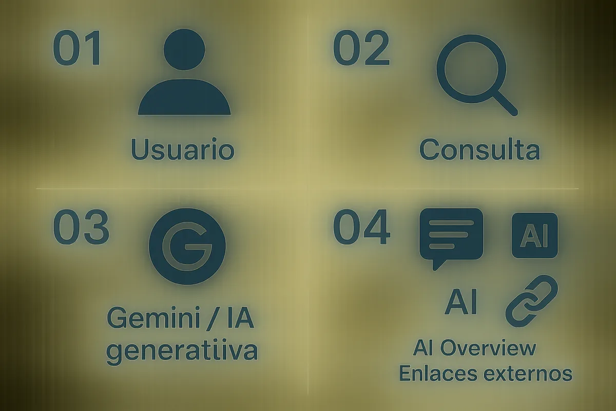 flujo: Usuario → Consulta → Gemini / IA generativa → AI Overview o AI Mode → enlaces externos / respuesta interna / nueva pre