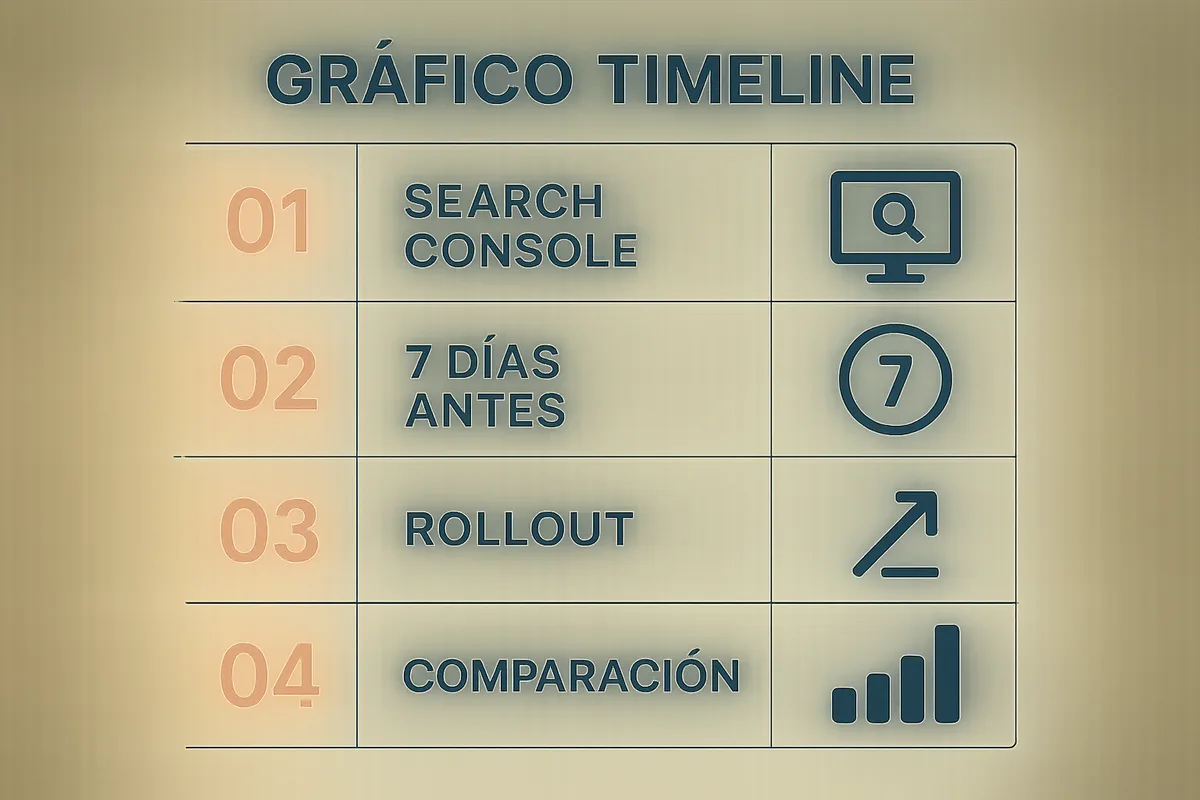 timeline con fechas y una captura de Search Console comparando 7 días antes y 7 días después del inicio del rollout