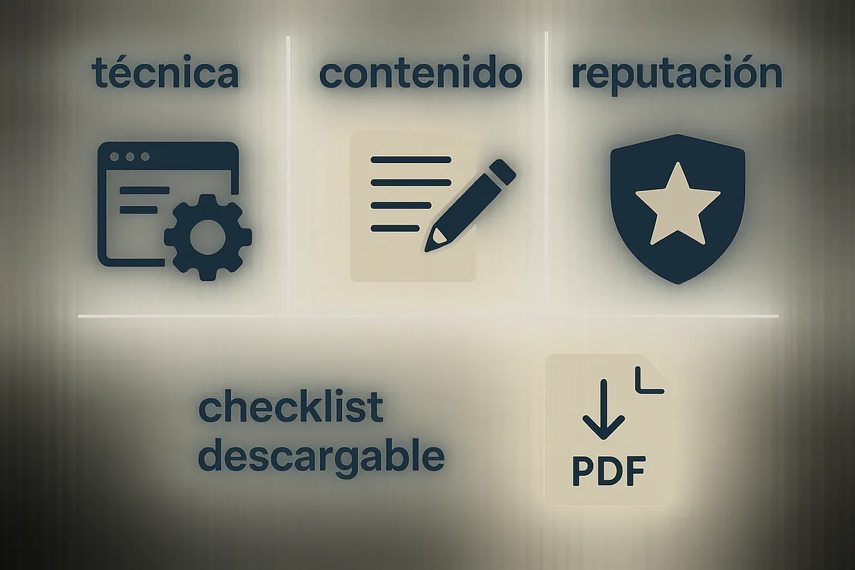 tres columnas: técnica, contenido y reputación. Añadir una checklist descargable en PDF como recurso de captación de leads