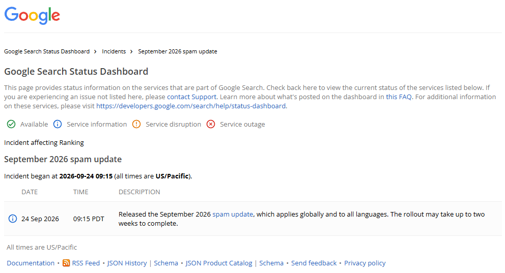 Es el Google Search Status Dashboard, el panel oficial donde Google anuncia los core updates y los spam updates con su fecha de inicio y de fin.